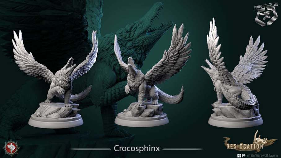Crocosphinx-32mm-figurines-fantasy-tabletop-RPG-3D-miniatures-white-werewolf-tavern