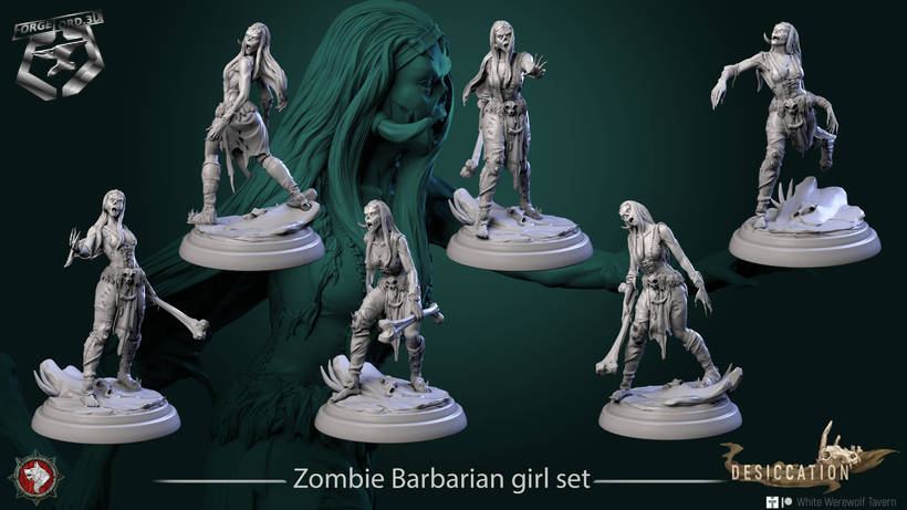 Zombie Barbarian girl-set-32mm-figurines-fantasy-tabletop-RPG-3D-miniatures-white-werewolf-tavern