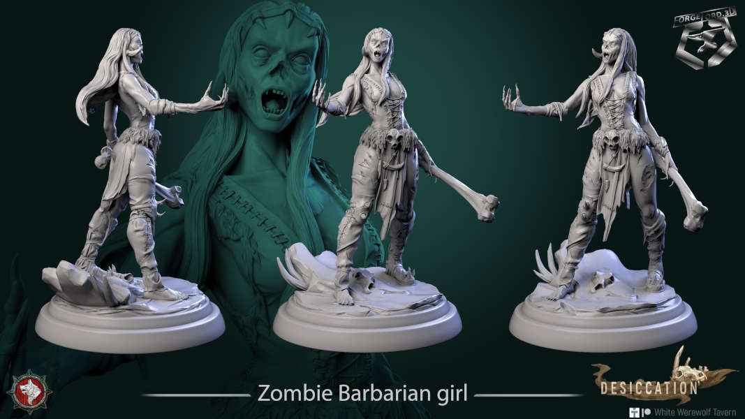 Zombie Barbarian girl-statue-75mm-figurines-fantasy-tabletop-RPG-3D-miniatures-white-werewolf-tavern