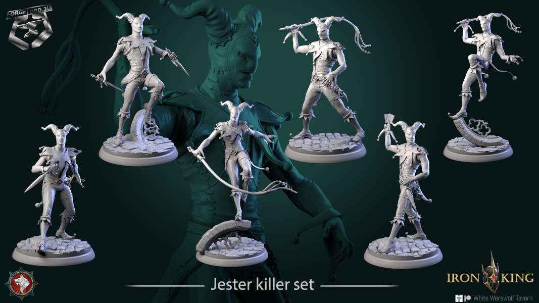 Jester killer-set-32mm-figurines-fantasy-tabletop-RPG-3D-miniatures-white-werewolf-tavern