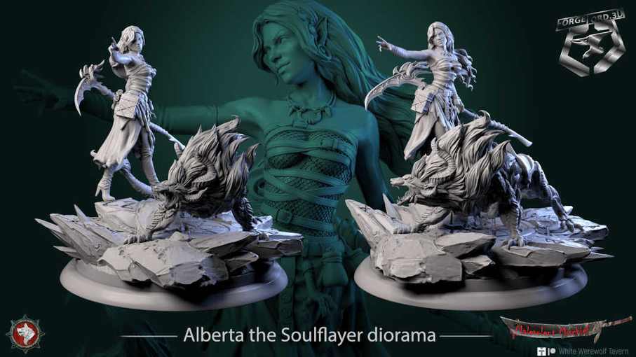Alberta the Soulflayer diorama-statue-75mm-figurines-fantasy-tabletop-RPG-3D-miniatures-white-werewolf-tavern