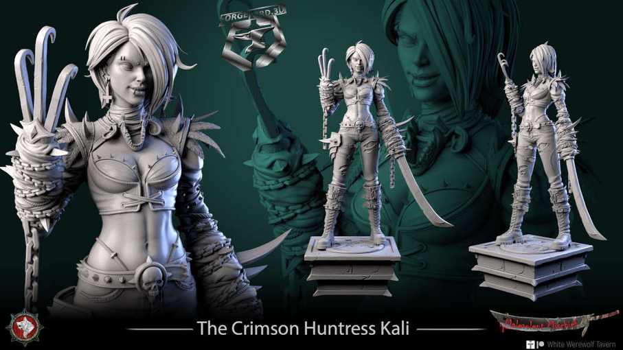 The Crimson Huntress Kali-statue-75mm-figurines-fantasy-tabletop-RPG-3D-miniatures-white-werewolf-tavern