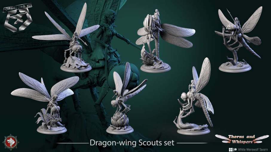Dragon-wing Scouts-set-32mm-figurines-fantasy-tabletop-RPG-3D-miniatures-white-werewolf-tavern