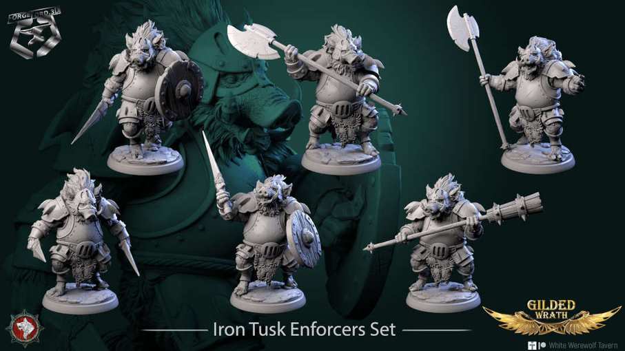Iron Tusk Enforcers-set-32mm-figurines-fantasy-tabletop-RPG-3D-miniatures-white-werewolf-tavern