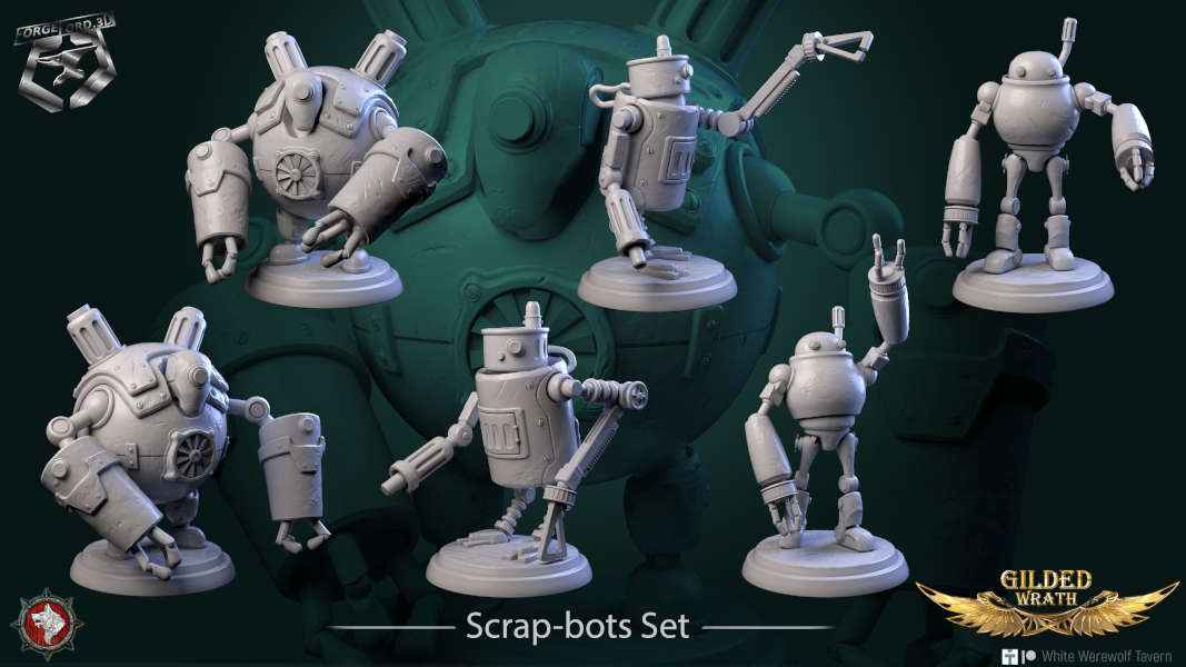 Scrap -bots-set-32mm-figurines-fantasy-tabletop-RPG-3D-miniatures-white-werewolf-tavern