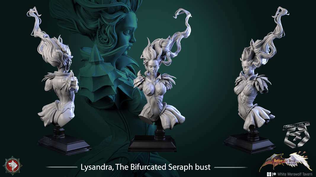 Lysandra, The Bifurcated Seraph-bust-75mm-figurines-fantasy-tabletop-RPG-3D-miniatures-white-werewolf-tavern