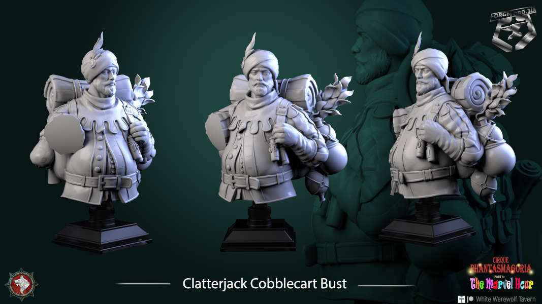Clatterjack Cobblecart-bust-75mm-figurines-fantasy-tabletop-RPG-3D-miniatures-white-werewolf-tavern