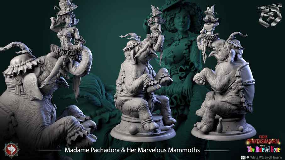Madame Pachadora & Her Marvelous Mammoths-statue-75mm-figurines-fantasy-tabletop-RPG-3D-miniatures-white-werewolf-tavern