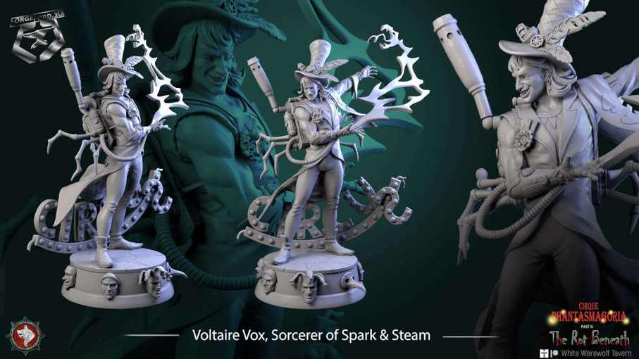 Voltaire Vox, Sorcerer of Spark & Steam-statue-75mm-figurines-fantasy-tabletop-RPG-3D-miniatures-white-werewolf-tavern