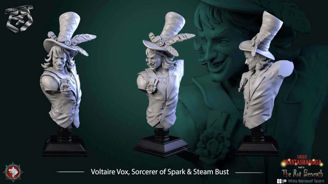 Voltaire Vox, Sorcerer of Spark & Steam-bust-75mm-figurines-fantasy-tabletop-RPG-3D-miniatures-white-werewolf-tavern