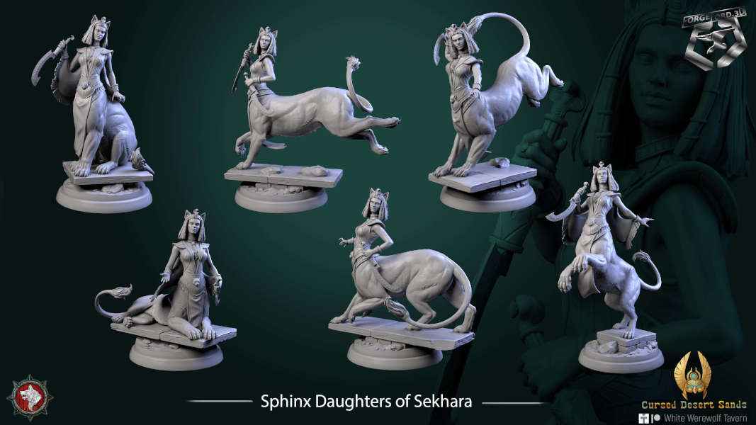 Sphinx Daughters of Sekhara-set-32mm-figurines-fantasy-tabletop-RPG-3D-miniatures-white-werewolf-tavern