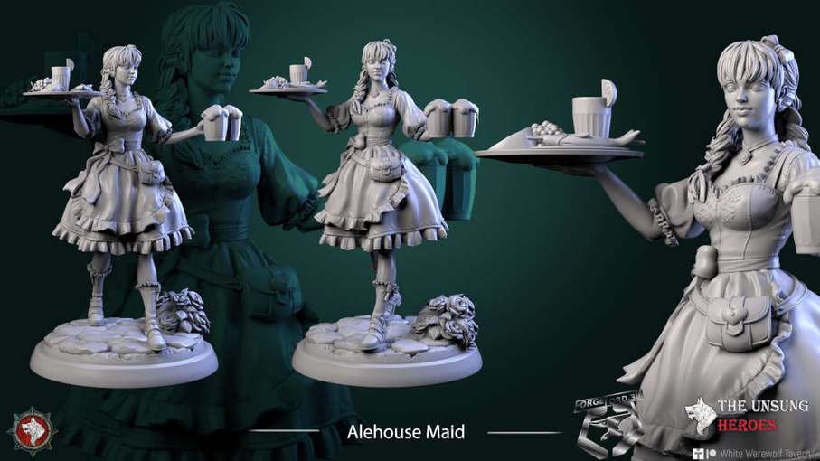 Alehouse Maid-statue-75mm-figurines-fantasy-tabletop-RPG-3D-miniatures-white-werewolf-tavern