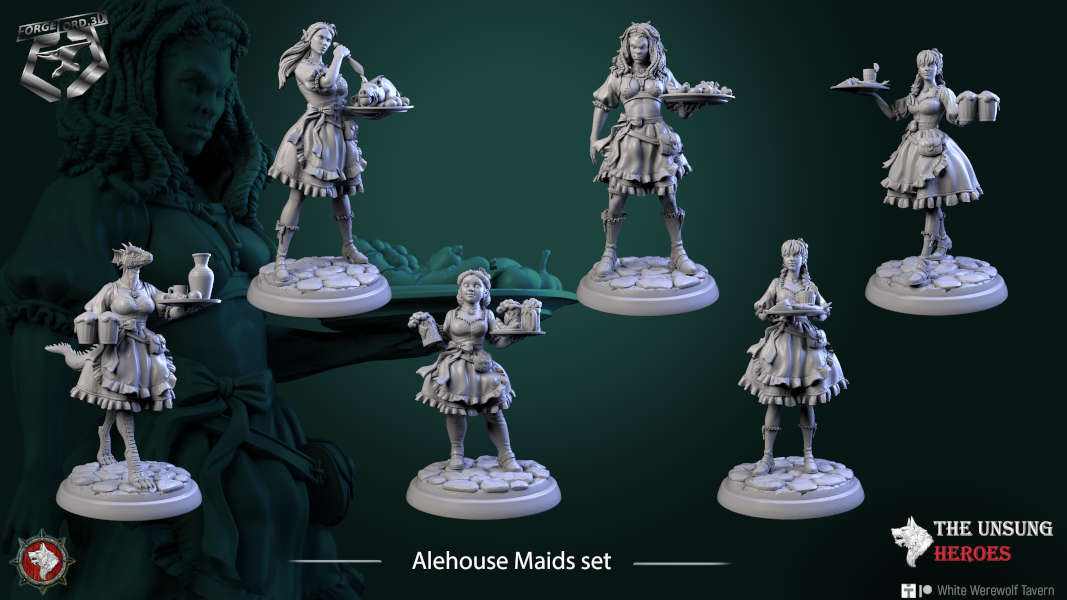 Alehouse Maids-set-32mm-figurines-fantasy-tabletop-RPG-3D-miniatures-white-werewolf-tavern