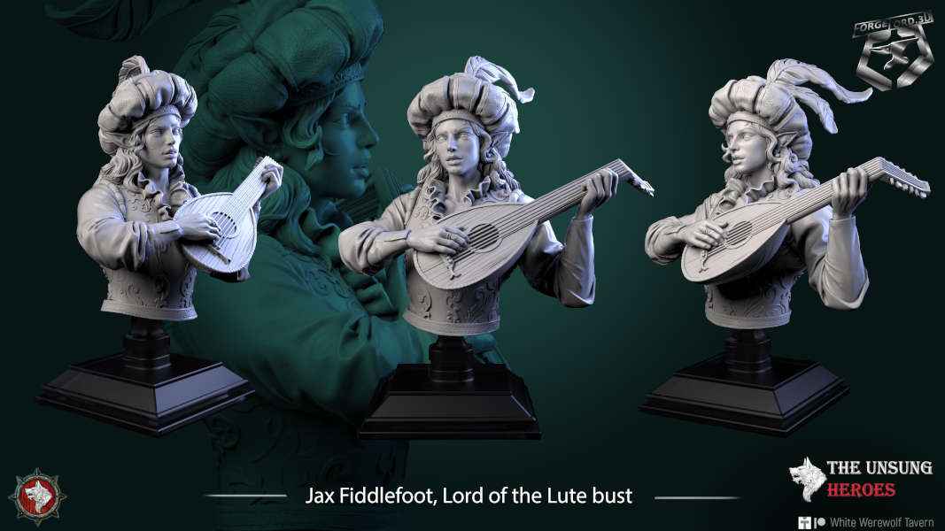 Jax Fiddlefoot, Lord of the Lute-bust-75mm-figurines-fantasy-tabletop-RPG-3D-miniatures-white-werewolf-tavern