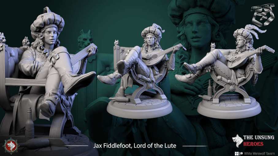 Jax Fiddlefoot, Lord of the Lute-statue-75mm-figurines-fantasy-tabletop-RPG-3D-miniatures-white-werewolf-tavern