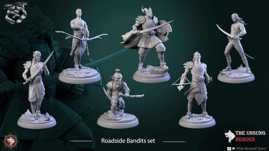 Roadside Bandits-set-32mm-figurines-fantasy-tabletop-RPG-3D-miniatures-white-werewolf-tavern