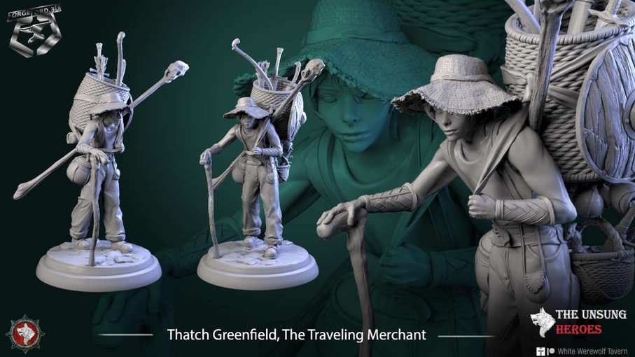 Thatch Greenfield, The Traveling Merchant-statue-75mm-figurines-fantasy-tabletop-RPG-3D-miniatures-white-werewolf-tavern
