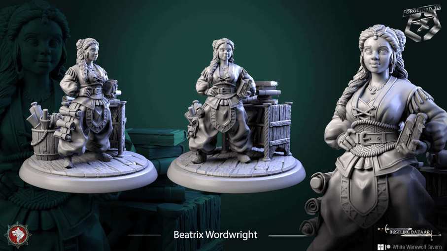 Beatrix Wordwright-statue-75mm-figurines-fantasy-tabletop-RPG-3D-miniatures-white-werewolf-tavern