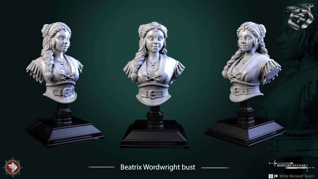 Beatrix Wordwright-bust-75mm-figurines-fantasy-tabletop-RPG-3D-miniatures-white-werewolf-tavern
