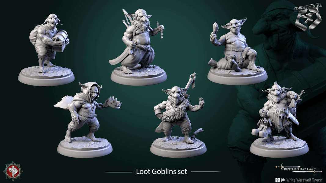 Loot Goblins-set-32mm-figurines-fantasy-tabletop-RPG-3D-miniatures-white-werewolf-tavern