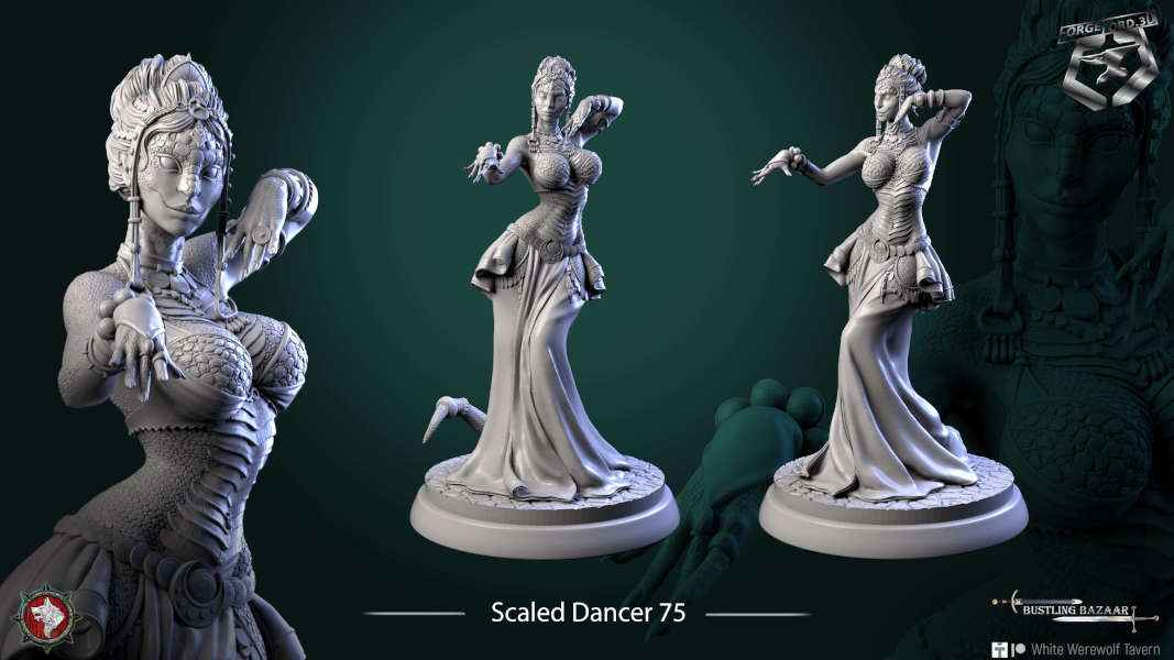 Scaled Dancer-statue-75mm-figurines-fantasy-tabletop-RPG-3D-miniatures-white-werewolf-tavern