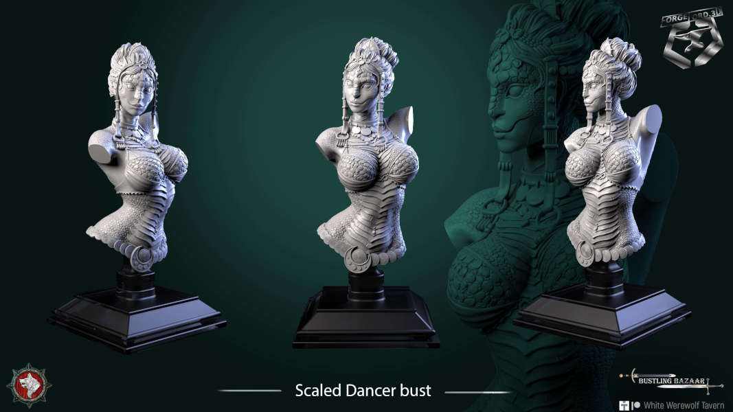 Scaled Dancer-bust-75mm-figurines-fantasy-tabletop-RPG-3D-miniatures-white-werewolf-tavern