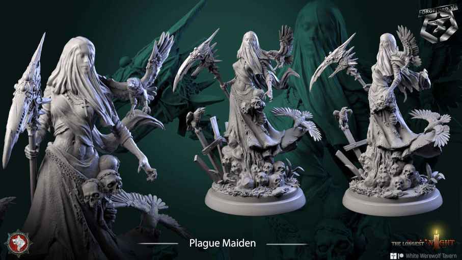 Plague Maiden-statue-75mm-figurines-fantasy-tabletop-RPG-3D-miniatures-white-werewolf-tavern